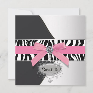 Invitation Fête d'anniversaire Sweet 16 à thème zèbre rose