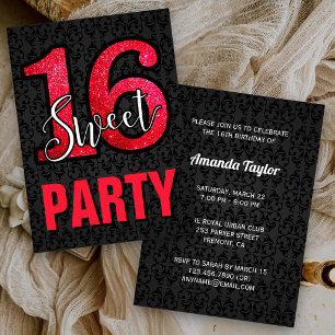 Invitation Fête d'anniversaire Sweet 16 Black Damask Red Glit