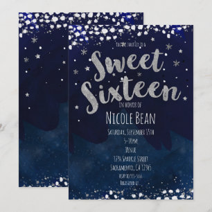 Invitation Fête d'anniversaire Sweet 16 Bleu et Argent Starry