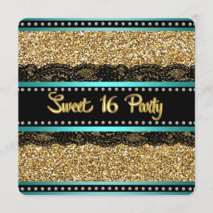 Invitation Fête d'anniversaire Sweet 16 bleu sarcelle et or