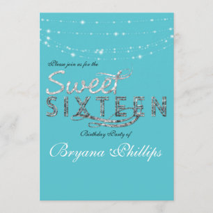 Invitation Fête d'anniversaire Sweet 16 Bleu sarcelle paillet