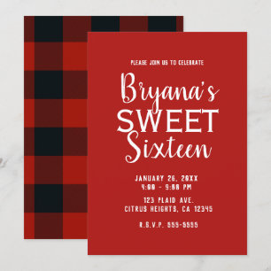 Invitation Fête d'anniversaire Sweet 16 carreaux rouge et noi