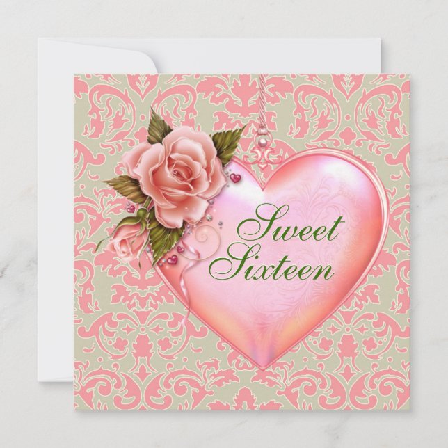 Invitation Fête d'anniversaire Sweet 16 Cœur Rose et Vert (Devant)