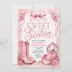 Invitation Fête d'anniversaire Sweet 16 Cowgirl Disco Rose