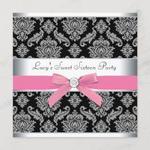 Invitation Fête d'anniversaire Sweet 16 Damassé Noir Rose