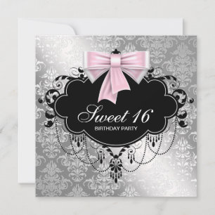 Invitation Fête d'anniversaire Sweet 16 Damassé Noir Rose