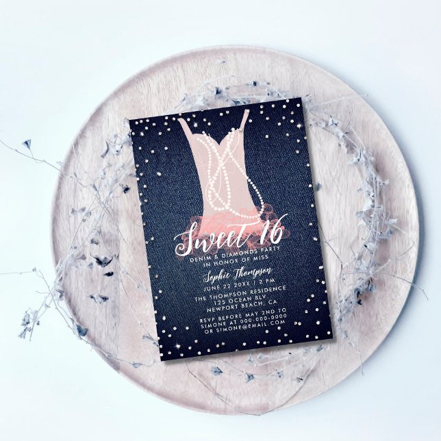 Invitation Fête d'anniversaire Sweet 16 Denim Diamonds Perles (Créateur téléchargé)