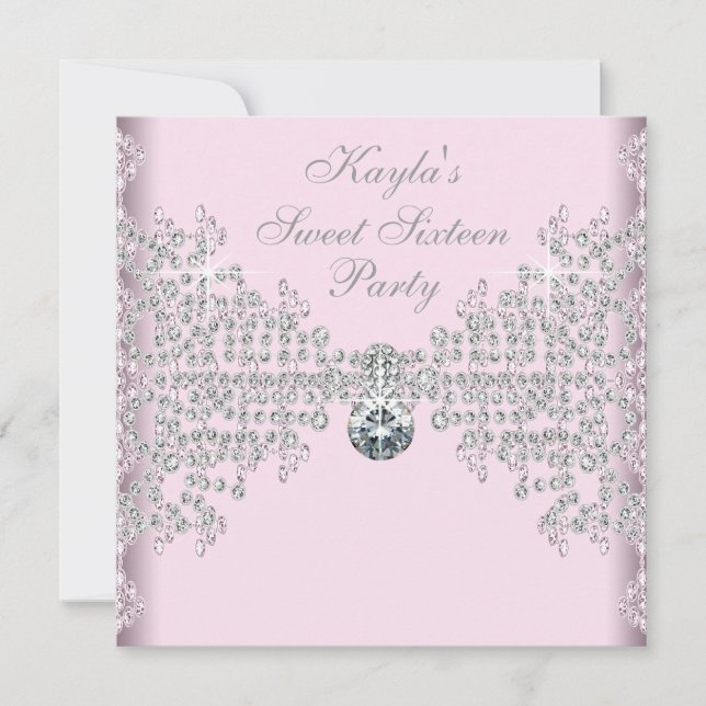 Invitation Fête d'anniversaire Sweet 16 Diamants Roses Argent (Devant)