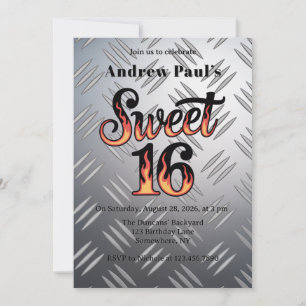 Invitation Fête d'anniversaire Sweet 16 en flammes et plaque 