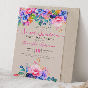 Invitation Fête d'anniversaire Sweet 16 Floral Arc-en-ciel Fé