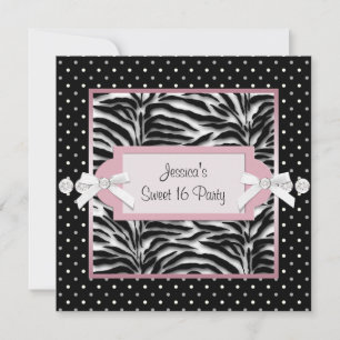 Invitation Fête d'anniversaire Sweet 16 noir blanc rose zèbre