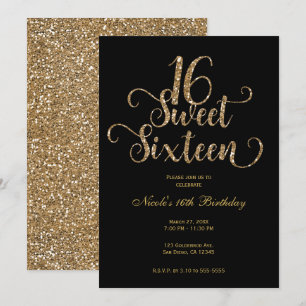 Invitation Fête d'anniversaire Sweet 16 noir et or paillettes