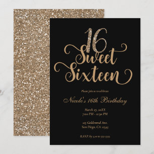 Invitation Fête d'anniversaire Sweet 16 paillettes noir et or