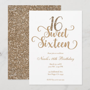 Invitation Fête d'anniversaire Sweet 16 paillettes or et blan