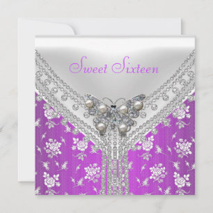 Invitation Fête d'anniversaire Sweet 16 Papillon Violet Blanc
