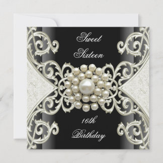 Invitation Fête d'anniversaire Sweet 16 perle noire blanche c