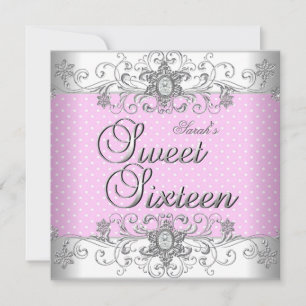 Invitation Fête d'anniversaire Sweet 16 rose et blanc à pois