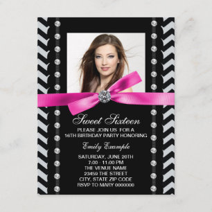 Invitation Fête d'anniversaire Sweet 16 rose et noir à chevro
