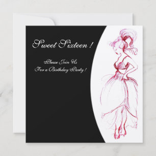 Invitation FÊTE D'ANNIVERSAIRE SWEET 16 Rouge Rose Noir Blanc