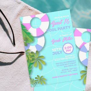 Invitation Fête d'anniversaire Sweet 16 Tropical Blue Pool Fl