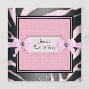 Invitation Fête d'anniversaire Sweet 16 Zèbre Noir Rose