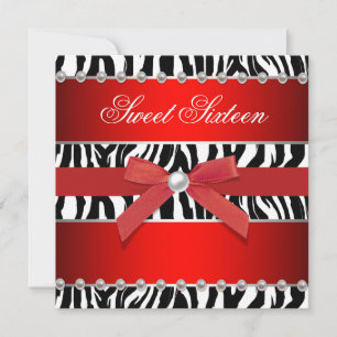 Invitation Fête d'anniversaire Sweet 16 Zèbre Rouge