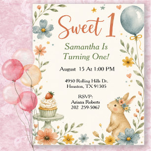 Invitation Fête d'anniversaire Sweet 1 Bunny aquarelle