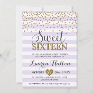 Invitation Fête d'anniversaire Sweet Sixteen Or rose lavande