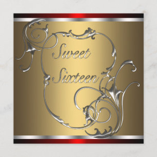 Invitation Fête d'anniversaire Sweet Sixteen rouge argent or