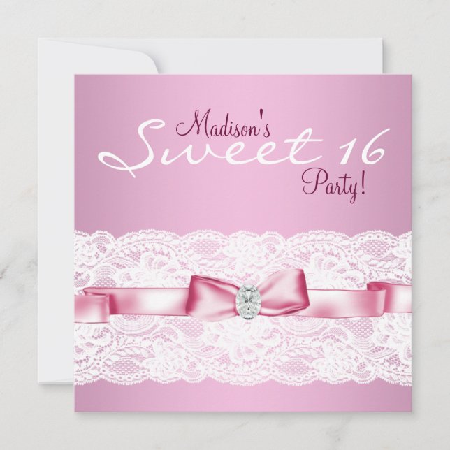 Invitation Fête d'anniversaire Sweet Sixteen ruban en dentell (Devant)