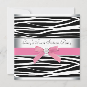Invitation Fête d'anniversaire Sweet Sixteen Zèbre Rose