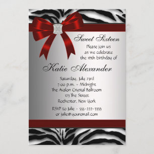 Invitation Fête d'anniversaire Sweet Sixteen Zèbre Rouge