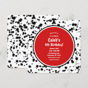 Invitation Fête d'anniversaire taches dalmate noir blanc roug