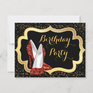 Invitation Fête d'anniversaire Talon haut rouge Noir et Or