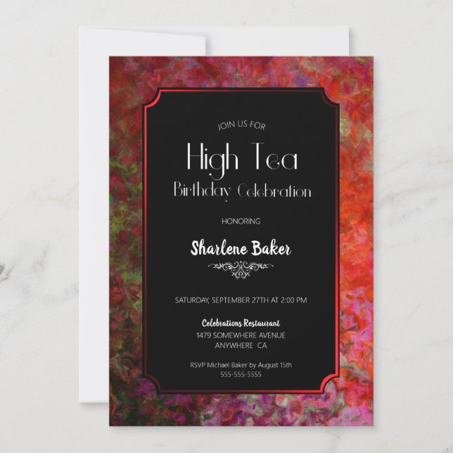 Invitation Fête d'anniversaire thé rouge et noir haute thé (Devant)