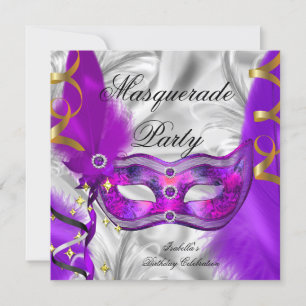 Invitation Fête d'anniversaire Thème Bal masqué Violet Argent