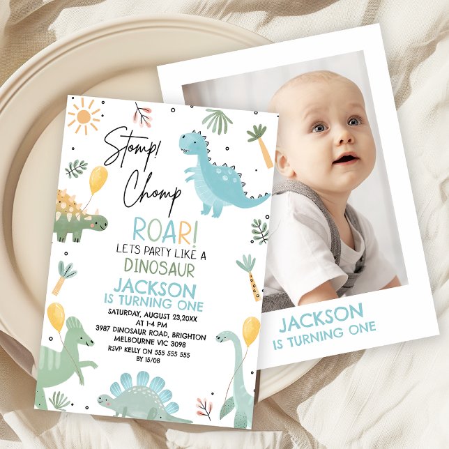 Invitation Fête d'anniversaire thème dinosaure bleu vert mign (Cute Dinosaur Themed 1st Birthday Invitation with Photo,
Dino Birthday Invite, Party Like Dinosaur)