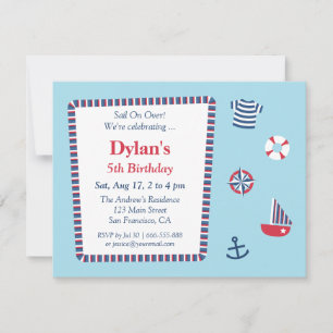 Invitation Fête d'anniversaire thème nautique bleu rouge blan