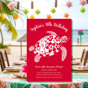 Invitation Fête d'anniversaire-Tortue Hawaïenne Cerise Rouge