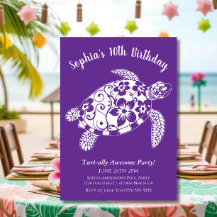 Invitation Fête d'anniversaire-Tortue Hawaïenne Violet