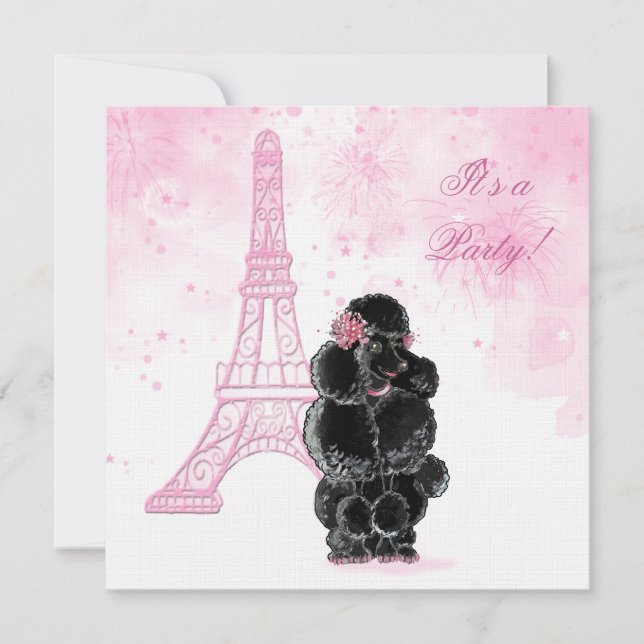 Invitation Fête d'anniversaire Tour Eiffel et caniche noir (Devant)