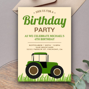 Invitation Fête d'anniversaire tracteur vert moderne pour enf
