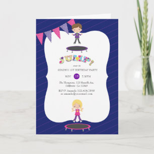 Invitation Fête d'anniversaire trampoline bleu royal et viole