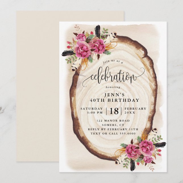 Invitation Fête d'anniversaire, tranche de bois rose floral (Devant / Derrière)