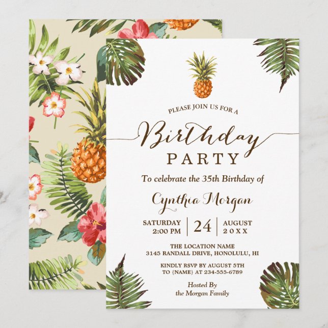 Invitation Fête d'Anniversaire Tropical - Feuilles d'ananas d (Devant / Derrière)