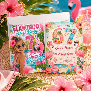 Invitation Fête d'anniversaire Tropical Flamingo Piscine 7 an