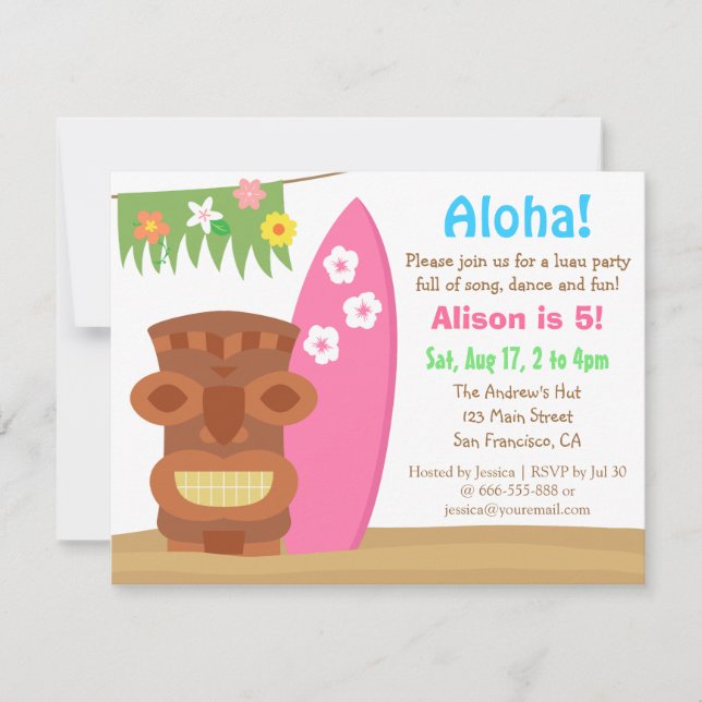 Invitation Fête d'anniversaire Tropical Hawaii Tiki Luau Beac (Devant)
