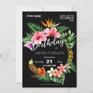 Invitation Fête d'anniversaire tropicale hawaïenne - Noir