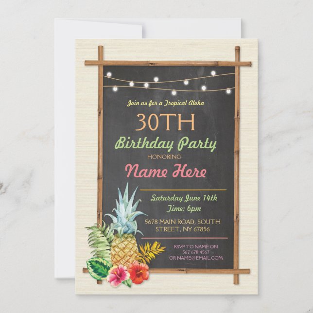 Invitation Fête d&#x27;anniversaire tropicale Luau Aloha Tiki Invi (Devant)