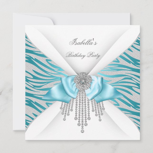 Invitation Fête d'anniversaire Turquoise Argent Blanc Zèbre D (Devant)